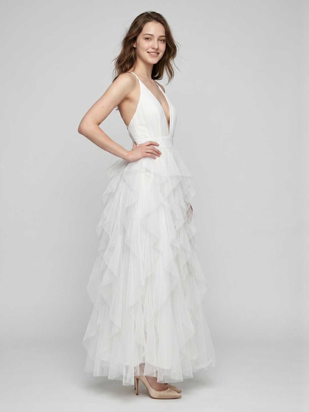 White Mesh Mermaid Cowl Neck Backless Floor-Length Bridesmaid Dress with Bow - Curvevia