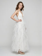 White Mesh Mermaid Cowl Neck Backless Floor-Length Bridesmaid Dress with Bow - Curvevia