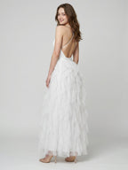 White Mesh Mermaid Cowl Neck Backless Floor-Length Bridesmaid Dress with Bow - Curvevia