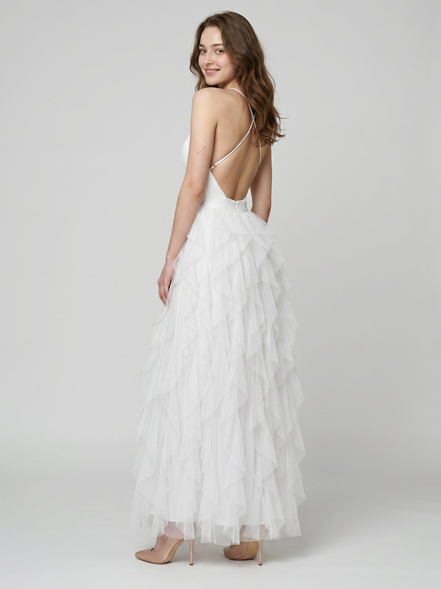 White Mesh Mermaid Cowl Neck Backless Floor-Length Bridesmaid Dress with Bow - Curvevia