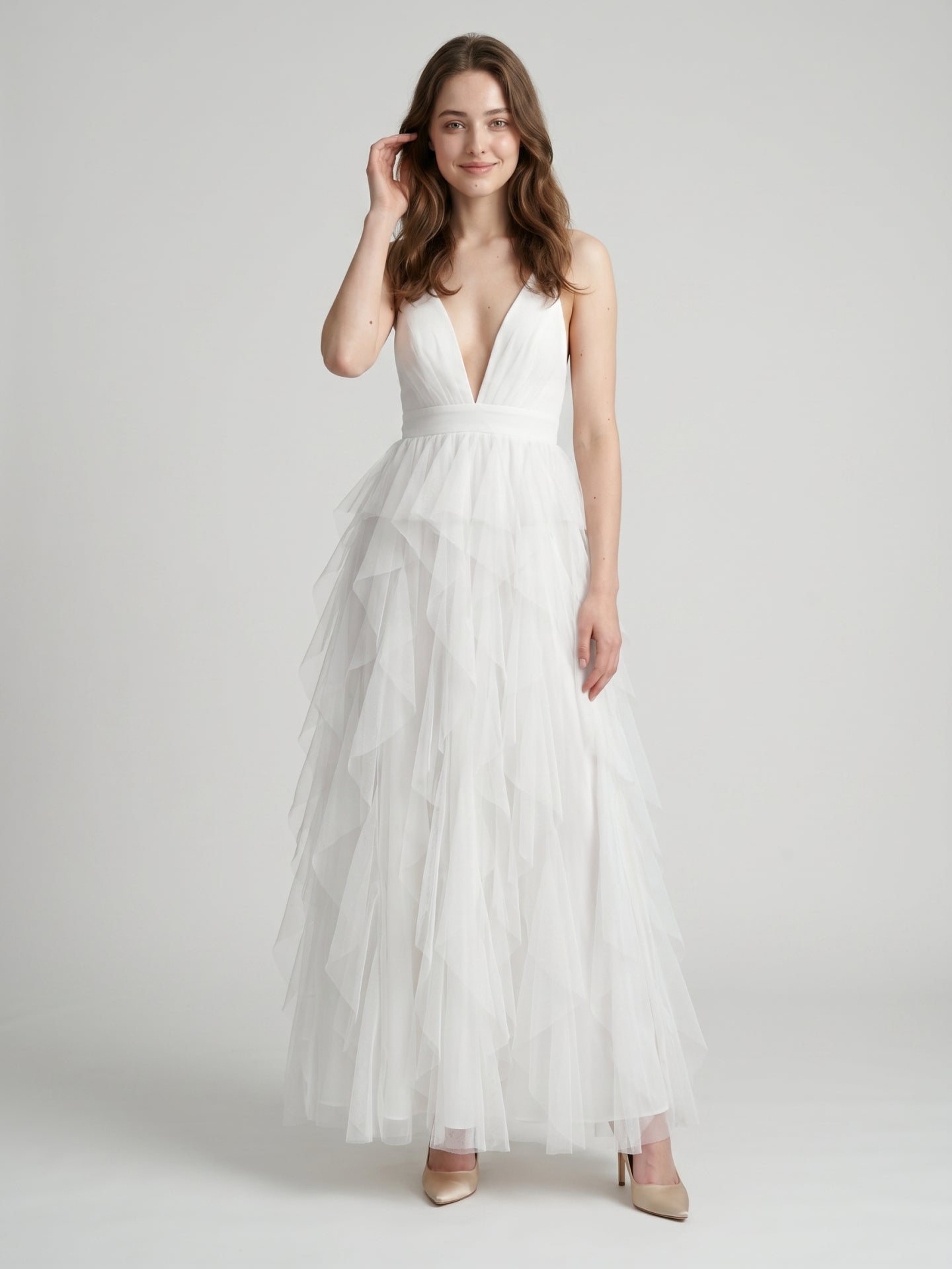 White Mesh Mermaid Cowl Neck Backless Floor-Length Bridesmaid Dress with Bow - Curvevia