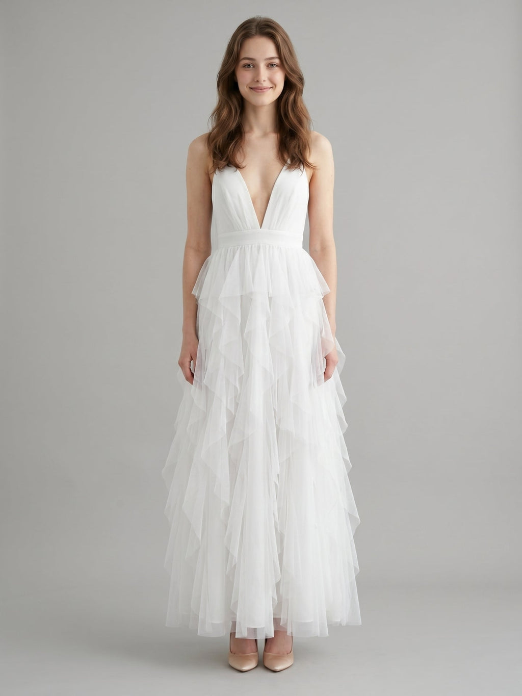 White Mesh Mermaid Cowl Neck Backless Floor-Length Bridesmaid Dress with Bow - Curvevia