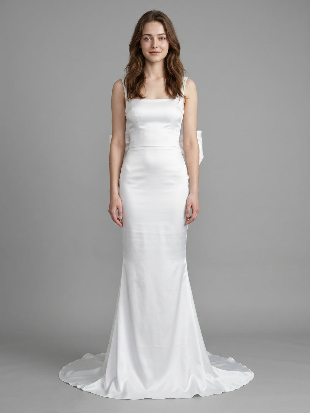 White Satin Mermaid Square Neck Backless Floor-Length Bridesmaid Dress with Bow - Curvevia