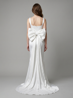 White Satin Mermaid Square Neck Backless Floor-Length Bridesmaid Dress with Bow - Curvevia
