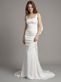 White Satin Mermaid Square Neck Backless Floor-Length Bridesmaid Dress with Bow - Curvevia
