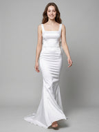 White Satin Mermaid Square Neck Backless Floor-Length Bridesmaid Dress with Bow - Curvevia
