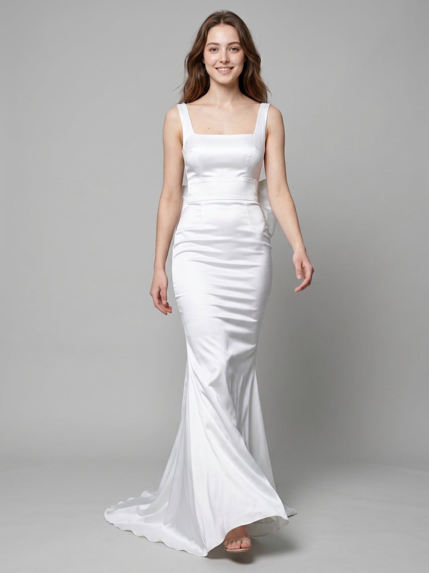 White Satin Mermaid Square Neck Backless Floor-Length Bridesmaid Dress with Bow - Curvevia