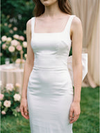 White Satin Mermaid Square Neck Backless Floor-Length Bridesmaid Dress with Bow - Curvevia