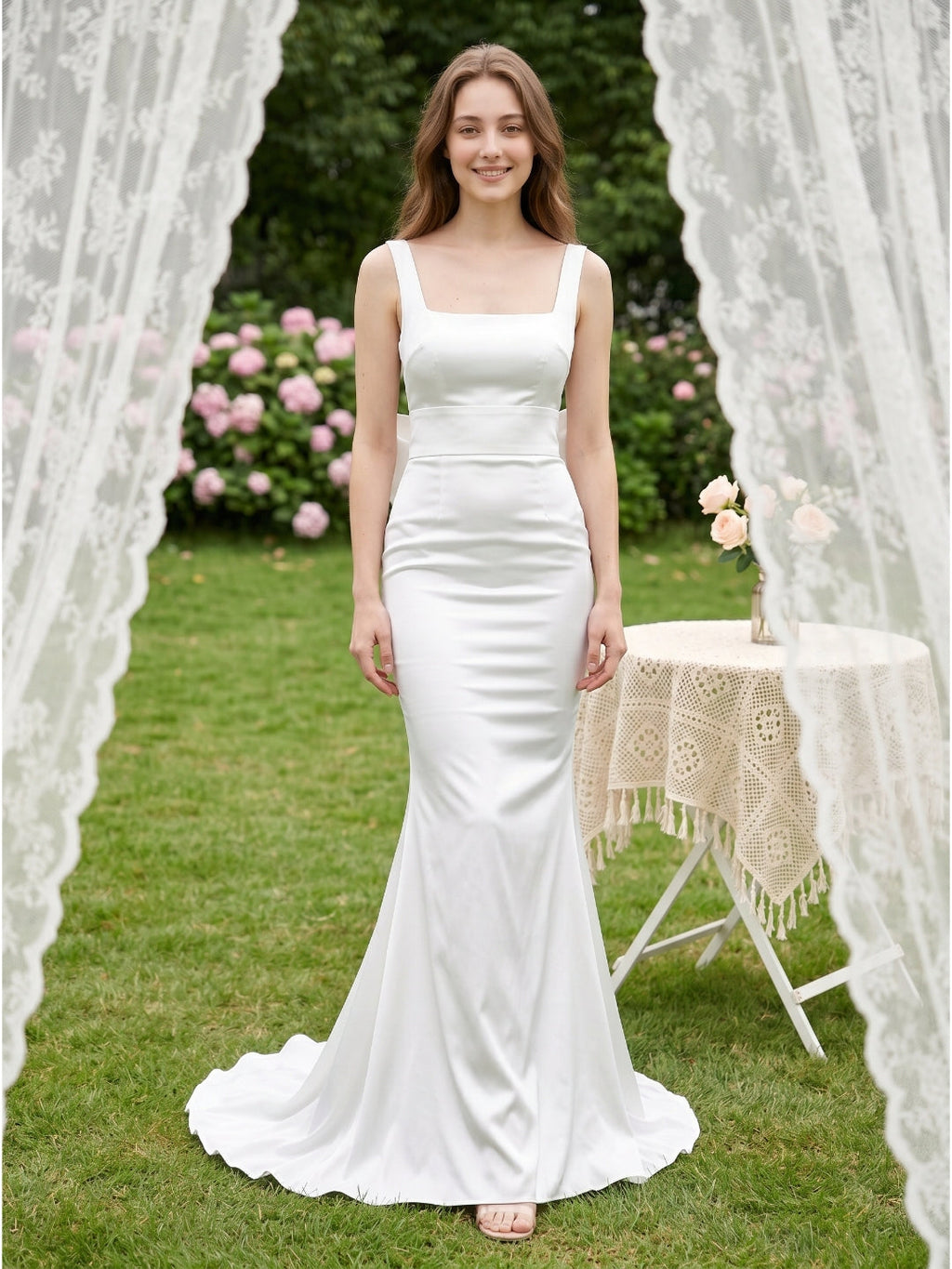White Satin Mermaid Square Neck Backless Floor-Length Bridesmaid Dress with Bow - Curvevia