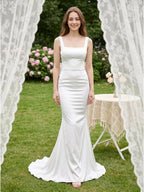 White Satin Mermaid Square Neck Backless Floor-Length Bridesmaid Dress with Bow - Curvevia