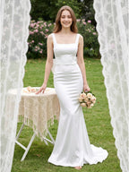 White Satin Mermaid Square Neck Backless Floor-Length Bridesmaid Dress with Bow - Curvevia