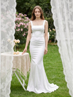 White Satin Mermaid Square Neck Backless Floor-Length Bridesmaid Dress with Bow - Curvevia