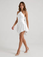White Satin Sheath Halter Neckline Lace-Up Back Short Dress - Curvevia