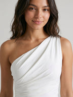 White Satin Sheath One Shoulder Backless Short Homecoming Dress with Pleating - Curvevia