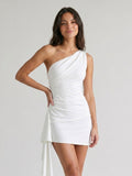White Satin Sheath One Shoulder Backless Short Homecoming Dress with Pleating - Curvevia