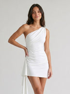 White Satin Sheath One Shoulder Backless Short Homecoming Dress with Pleating - Curvevia