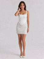 White Satin Sheath Square Neck Lace-Up Back short Dress with Beading - Curvevia