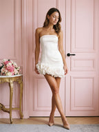 White Satin Sheath Straight Neck Back Zip Short Dress - Curvevia