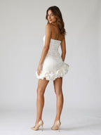 White Satin Sheath Straight Neck Back Zip Short Dress - Curvevia