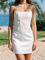 White Satin Sheath Straight Neck Back Zip short Dress with Beading - Curvevia