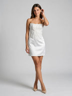 White Satin Sheath Straight Neck Back Zip short Dress with Beading - Curvevia