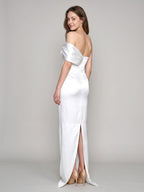 White Satin Sheath Straight Neck Backless Floor-Length Bridesmaid Dress with Bow - Curvevia