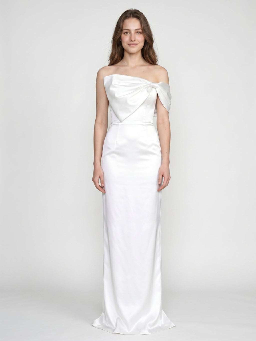 White Satin Sheath Straight Neck Backless Floor-Length Bridesmaid Dress with Bow - Curvevia