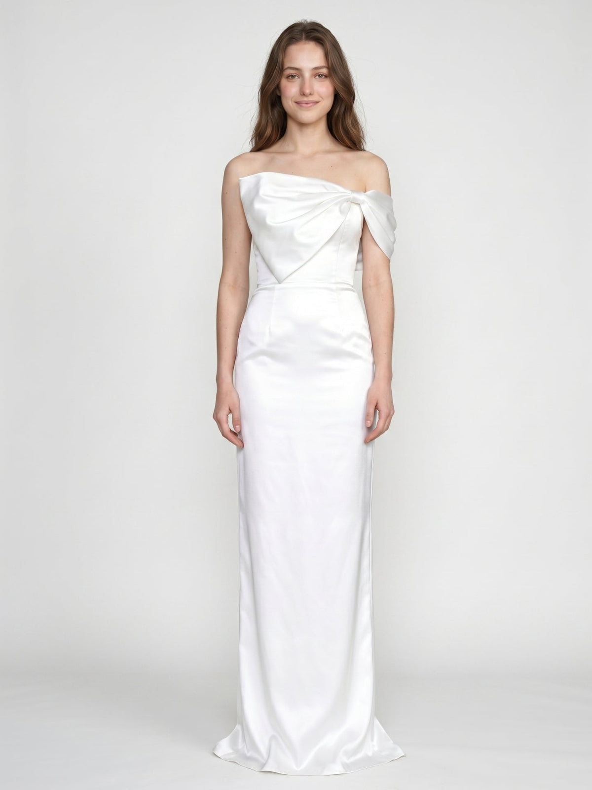 White Satin Sheath Straight Neck Backless Floor-Length Bridesmaid Dress with Bow - Curvevia