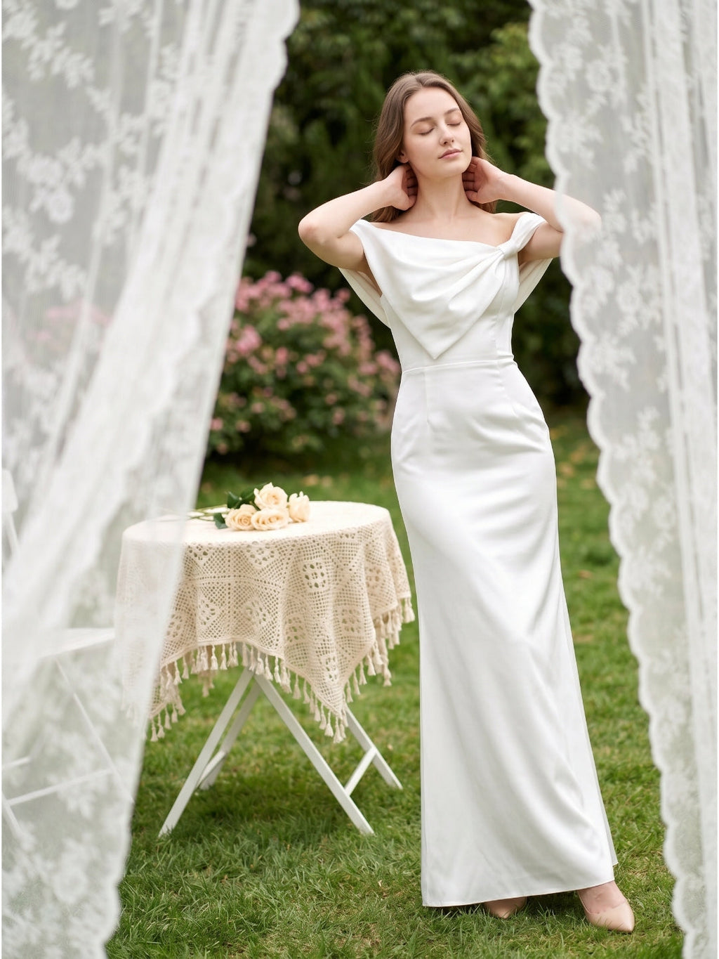 White Satin Sheath Straight Neck Backless Floor-Length Bridesmaid Dress with Bow - Curvevia
