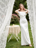 White Satin Sheath Straight Neck Backless Floor-Length Bridesmaid Dress with Bow - Curvevia
