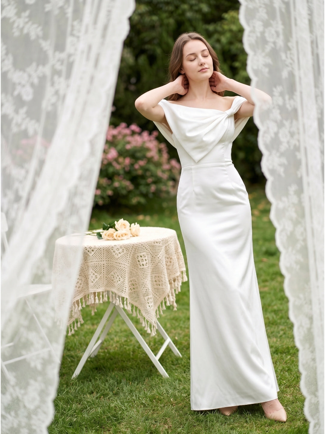 White Satin Sheath Straight Neck Backless Floor-Length Bridesmaid Dress with Bow - Curvevia