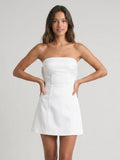 White Satin Sheath Straight Neck Bow Back Short Evening Dress - Curvevia