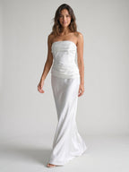 White Satin Sheath Straight Neck Side Zip Floor-Length Dress with Pleating - Curvevia
