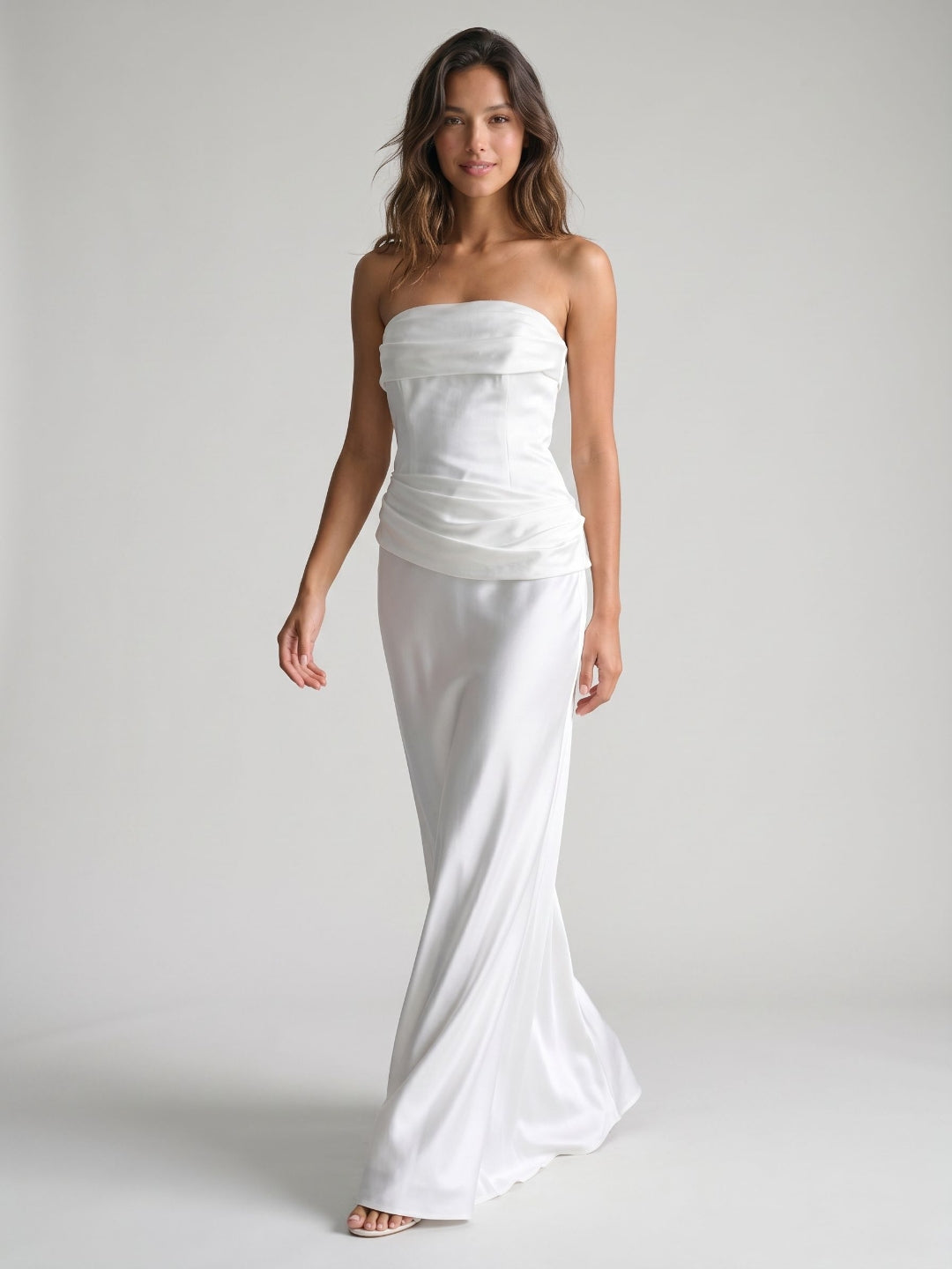 White Satin Sheath Straight Neck Side Zip Floor-Length Dress with Pleating - Curvevia