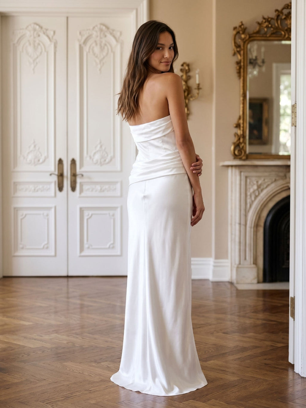 White Satin Sheath Straight Neck Side Zip Floor-Length Dress with Pleating - Curvevia