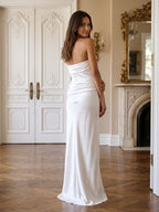 White Satin Sheath Straight Neck Side Zip Floor-Length Dress with Pleating - Curvevia