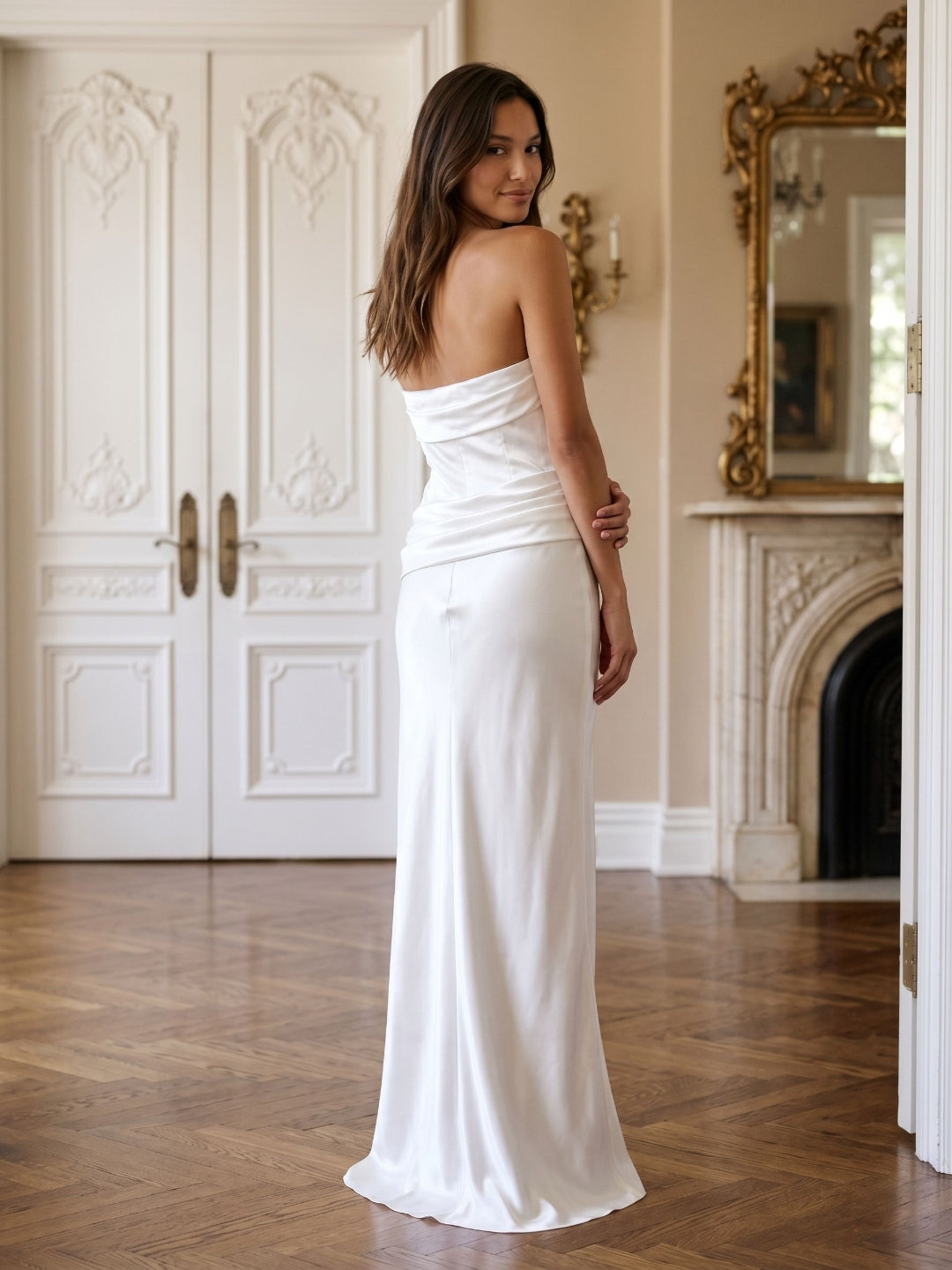 White Satin Sheath Straight Neck Side Zip Floor-Length Dress with Pleating - Curvevia