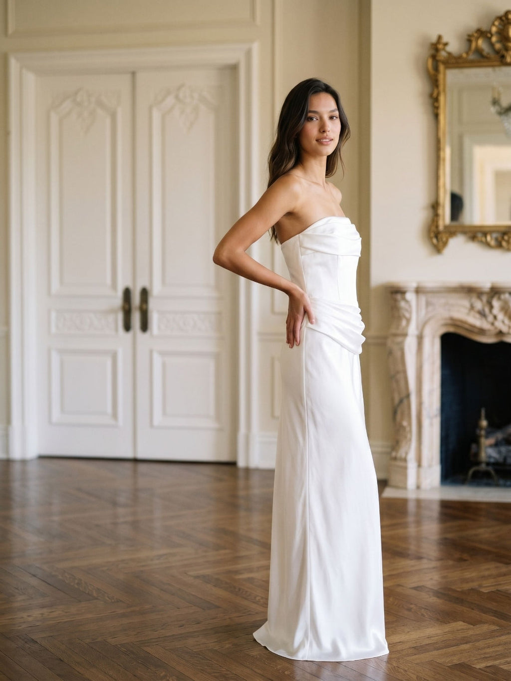 White Satin Sheath Straight Neck Side Zip Floor-Length Dress with Pleating - Curvevia
