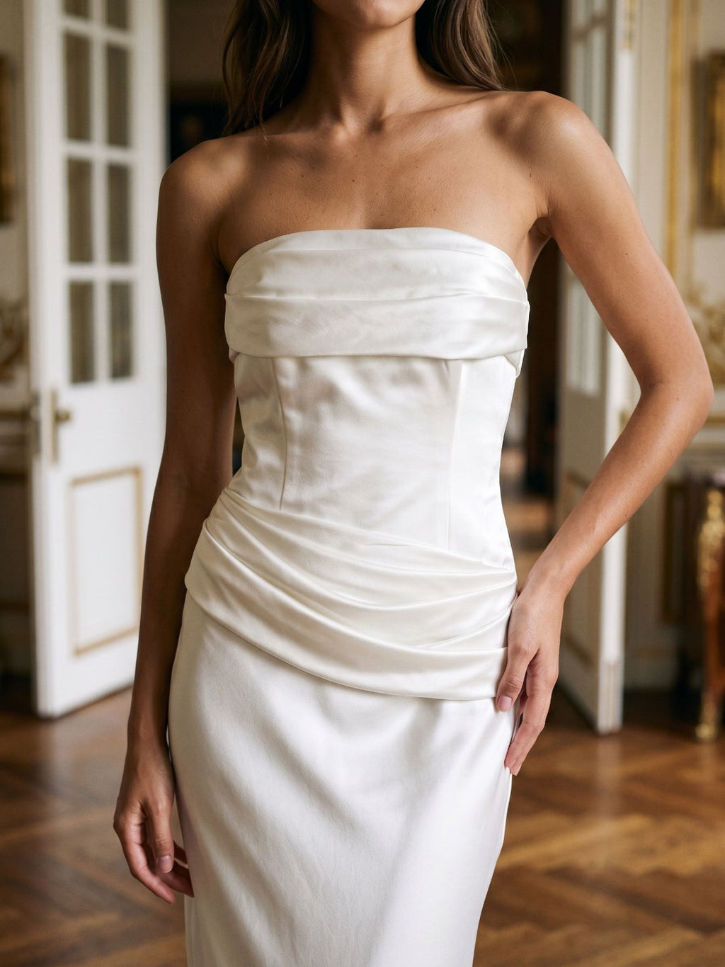 White Satin Sheath Straight Neck Side Zip Floor-Length Dress with Pleating - Curvevia