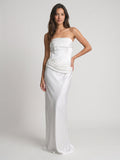 White Satin Sheath Straight Neck Side Zip Floor-Length Dress with Pleating - Curvevia