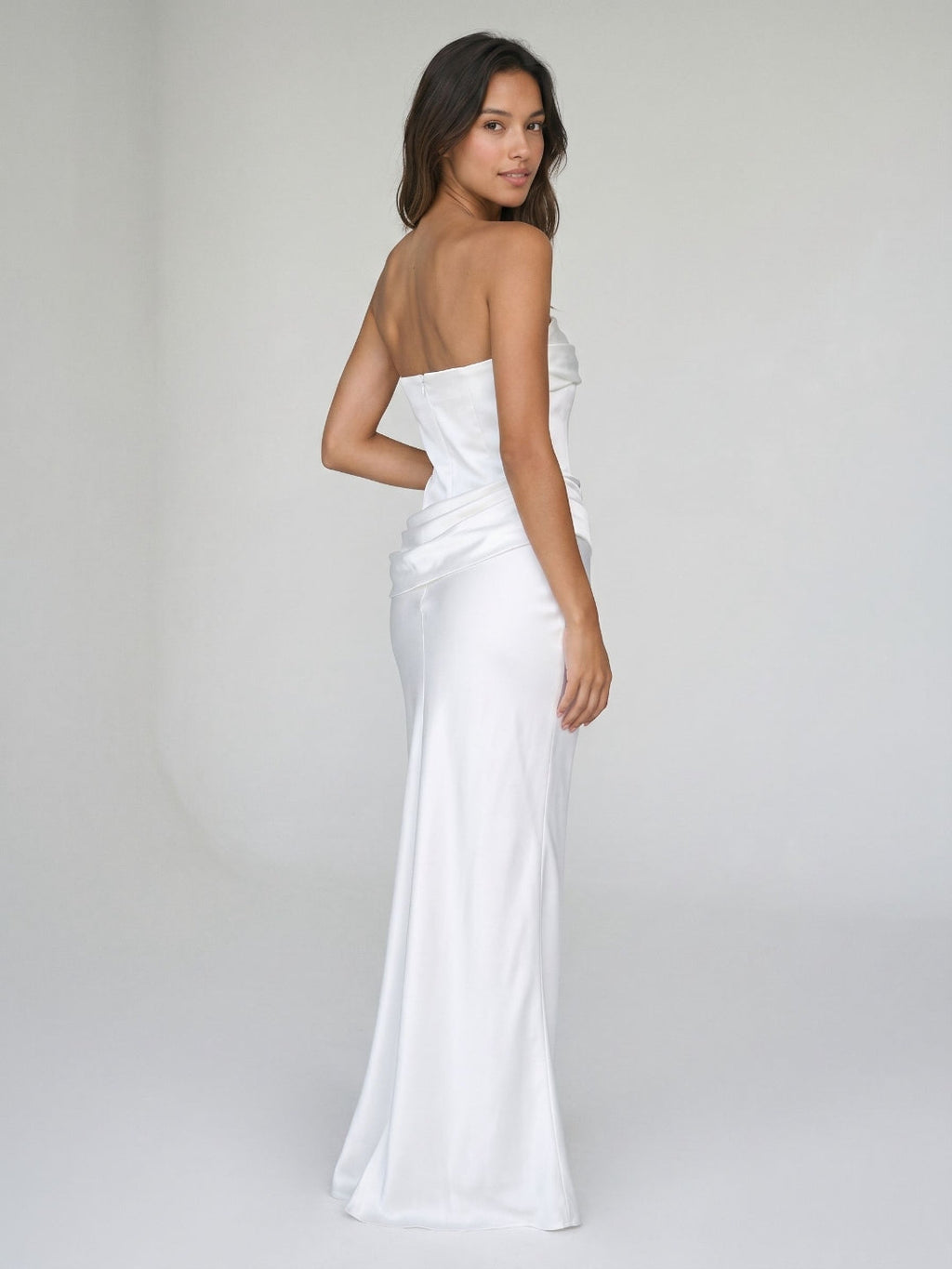 White Satin Sheath Straight Neck Side Zip Floor-Length Dress with Pleating - Curvevia