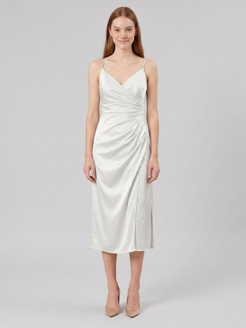 White Satin Sheath V-Neck Backless Tea-Length Pleated Bridesmaid Dress - Curvevia