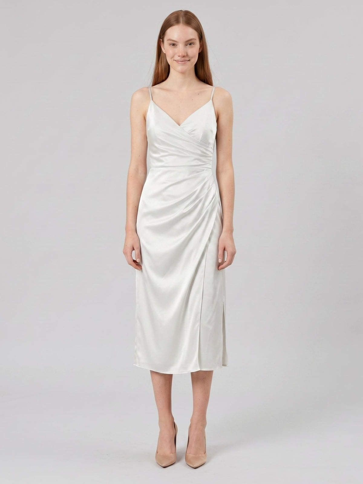 White Satin Sheath V-Neck Backless Tea-Length Pleated Bridesmaid Dress - Curvevia