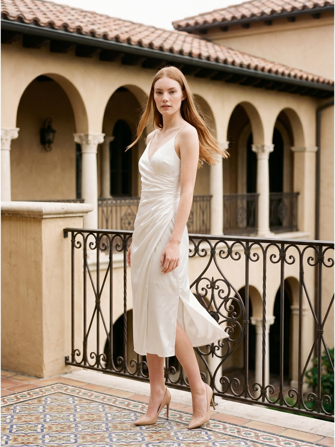 White Satin Sheath V-Neck Backless Tea-Length Pleated Bridesmaid Dress - Curvevia