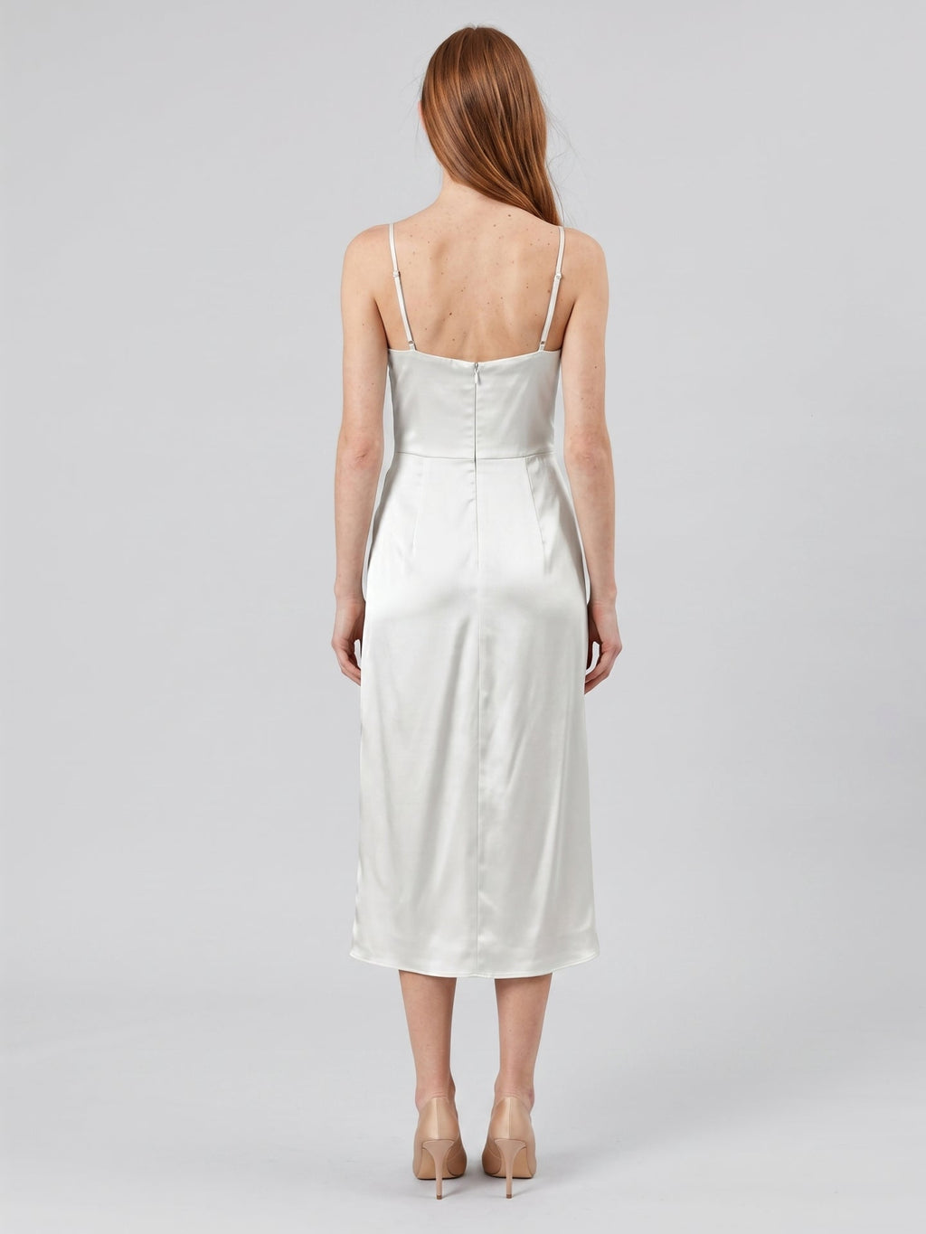White Satin Sheath V-Neck Backless Tea-Length Pleated Bridesmaid Dress - Curvevia