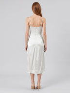 White Satin Sheath V-Neck Backless Tea-Length Pleated Bridesmaid Dress - Curvevia