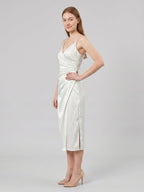 White Satin Sheath V-Neck Backless Tea-Length Pleated Bridesmaid Dress - Curvevia