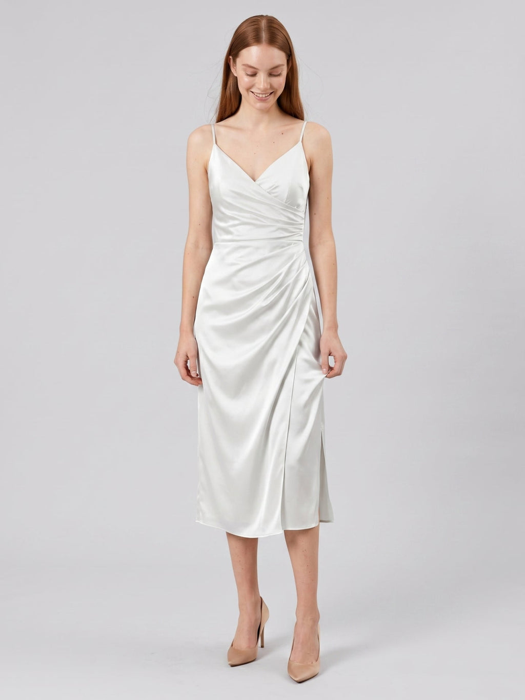 White Satin Sheath V-Neck Backless Tea-Length Pleated Bridesmaid Dress - Curvevia