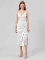 White Satin Sheath V-Neck Backless Tea-Length Pleated Bridesmaid Dress - Curvevia