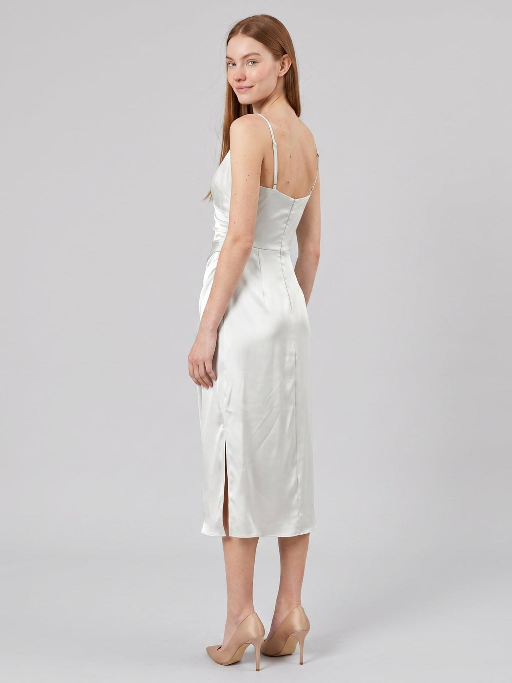 White Satin Sheath V-Neck Backless Tea-Length Pleated Bridesmaid Dress - Curvevia